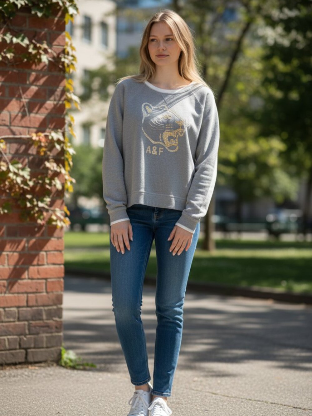 Abercrombie and Fitch sequin sweatshirt, grey fabric with tiger graphic